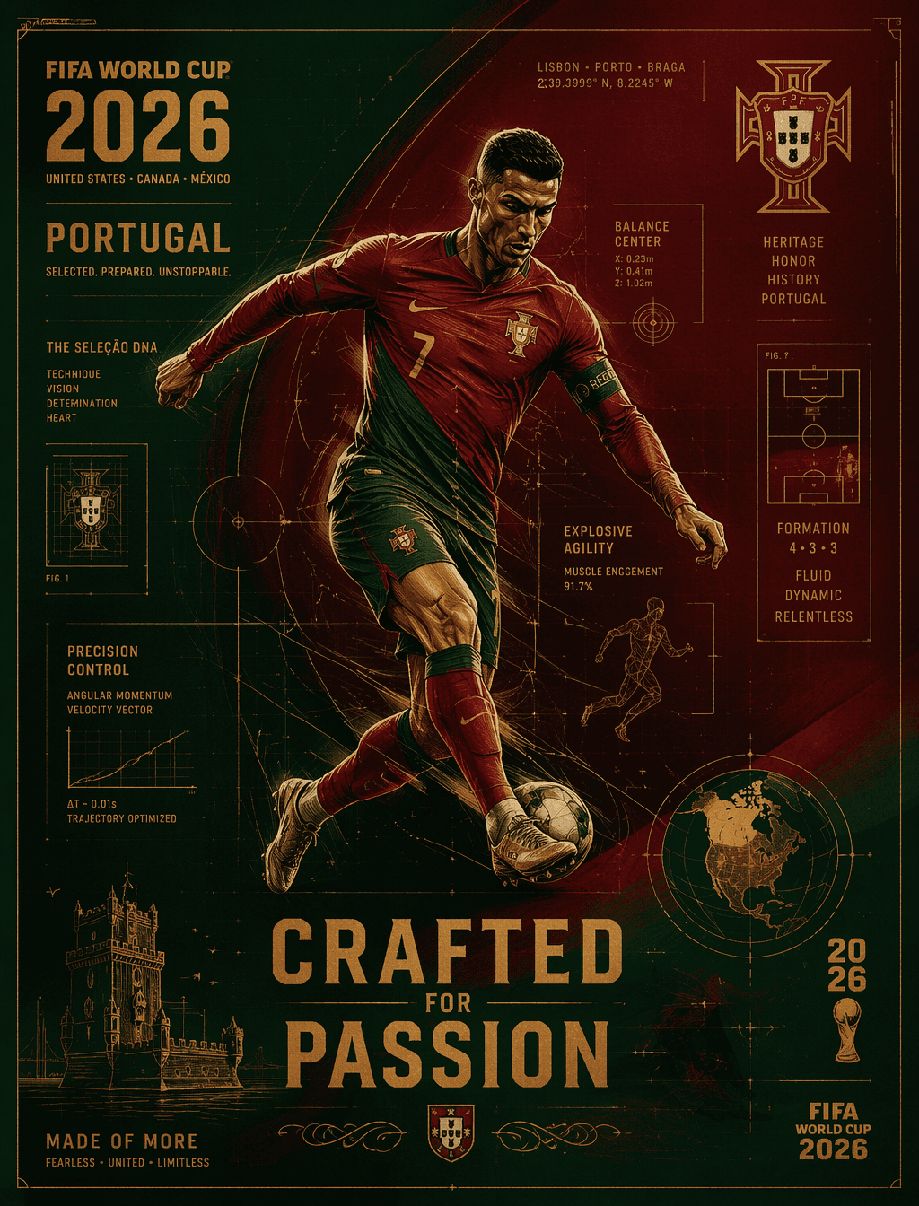 FIFA World Cup 2026 Portugal blueprint poster, deep red-gree