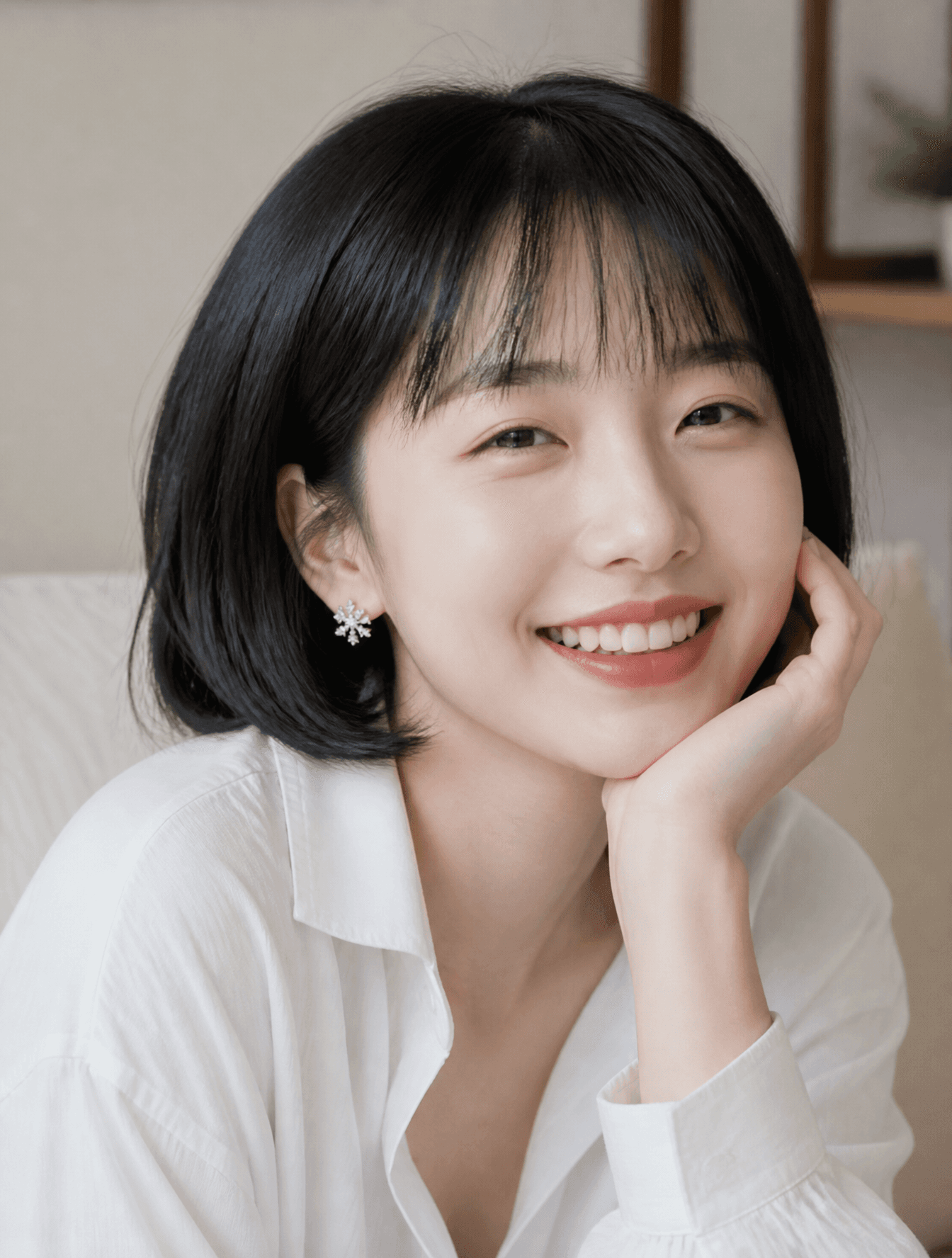 真实人像摄影,半身照,23 岁东亚年轻女生,柔和鹅蛋圆脸,柔和平缓骨相,自然齐刘海黑色短发,刘海轻薄带细碎空气感发丝,乌