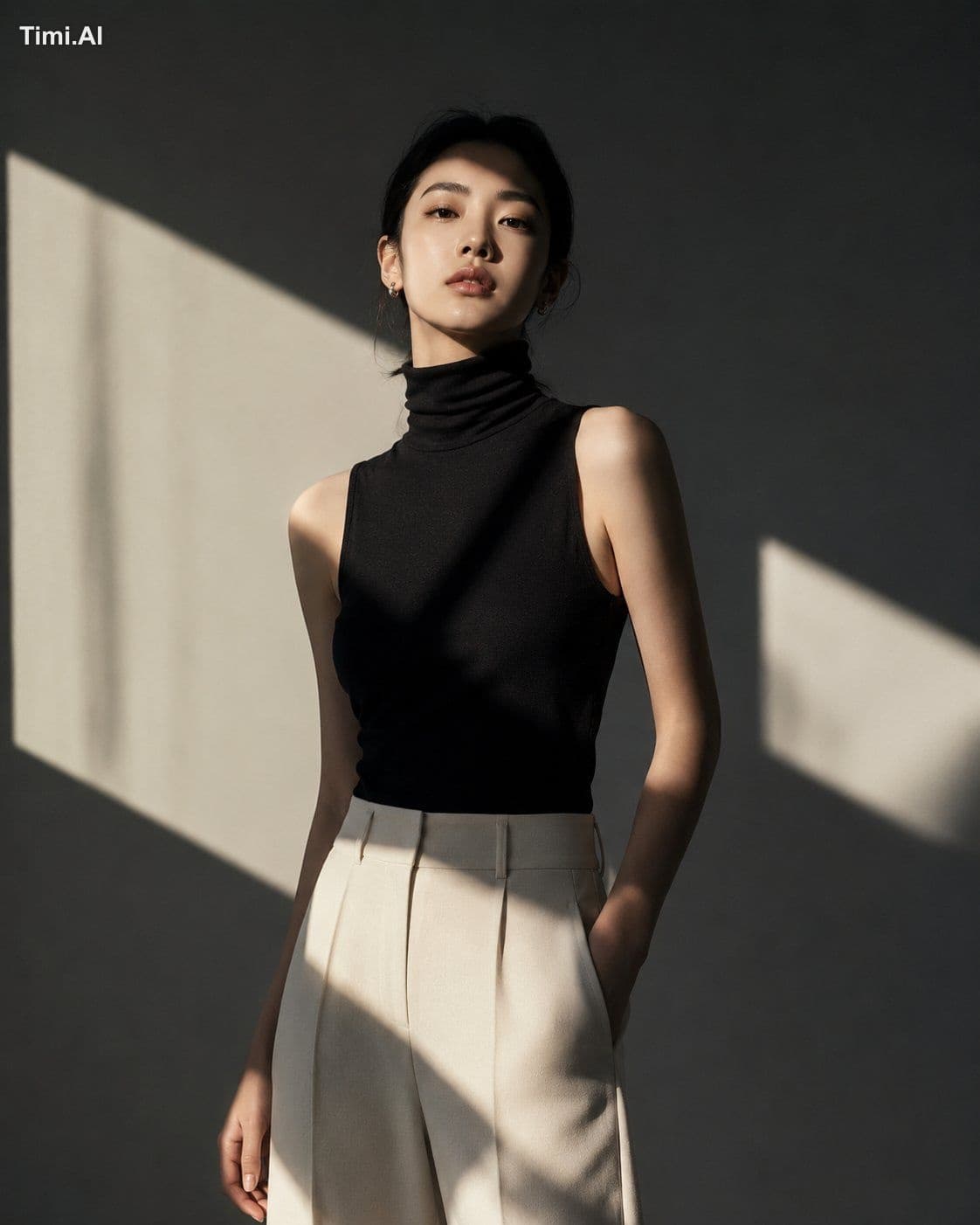真实高级人像摄影,一位年轻女性站在浅灰色极简空间中,穿黑白极简服装,定向硬光穿过几何形遮挡,在她的脸部、肩膀和衣服上形成