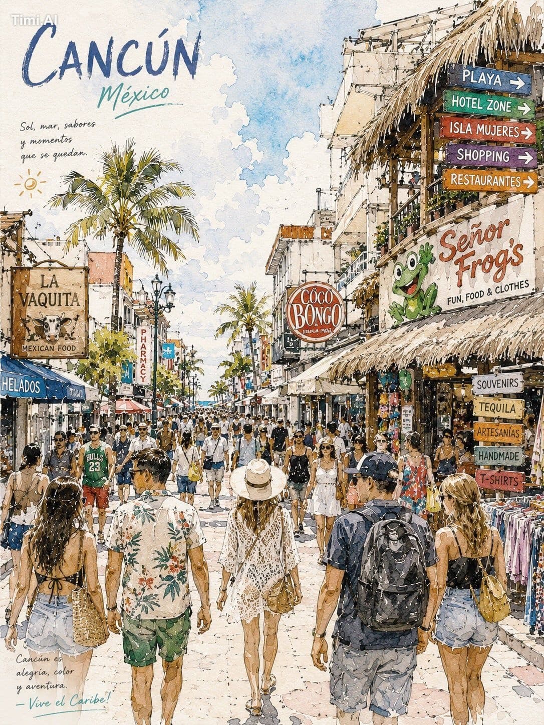 Watercolor travel poster illustration of (City Name) busy tr