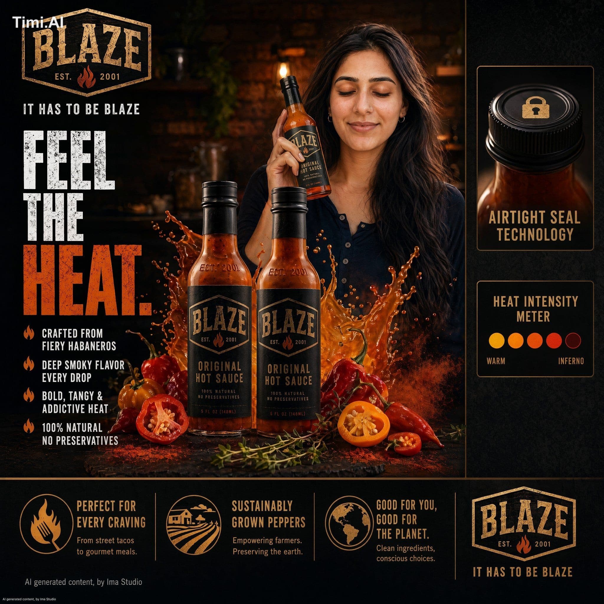 A premium product advertisement for BLAZE Hot Sauce,
establ