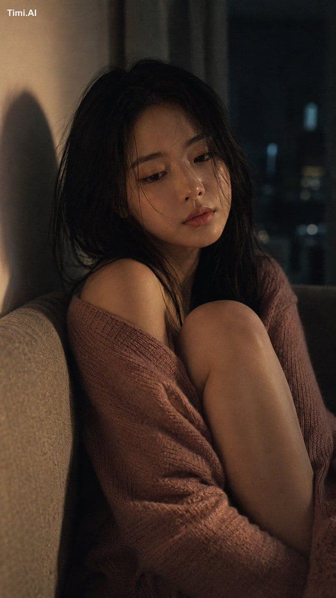 Medium close-up portrait, 85mm f/1.8, a young East Asian wom