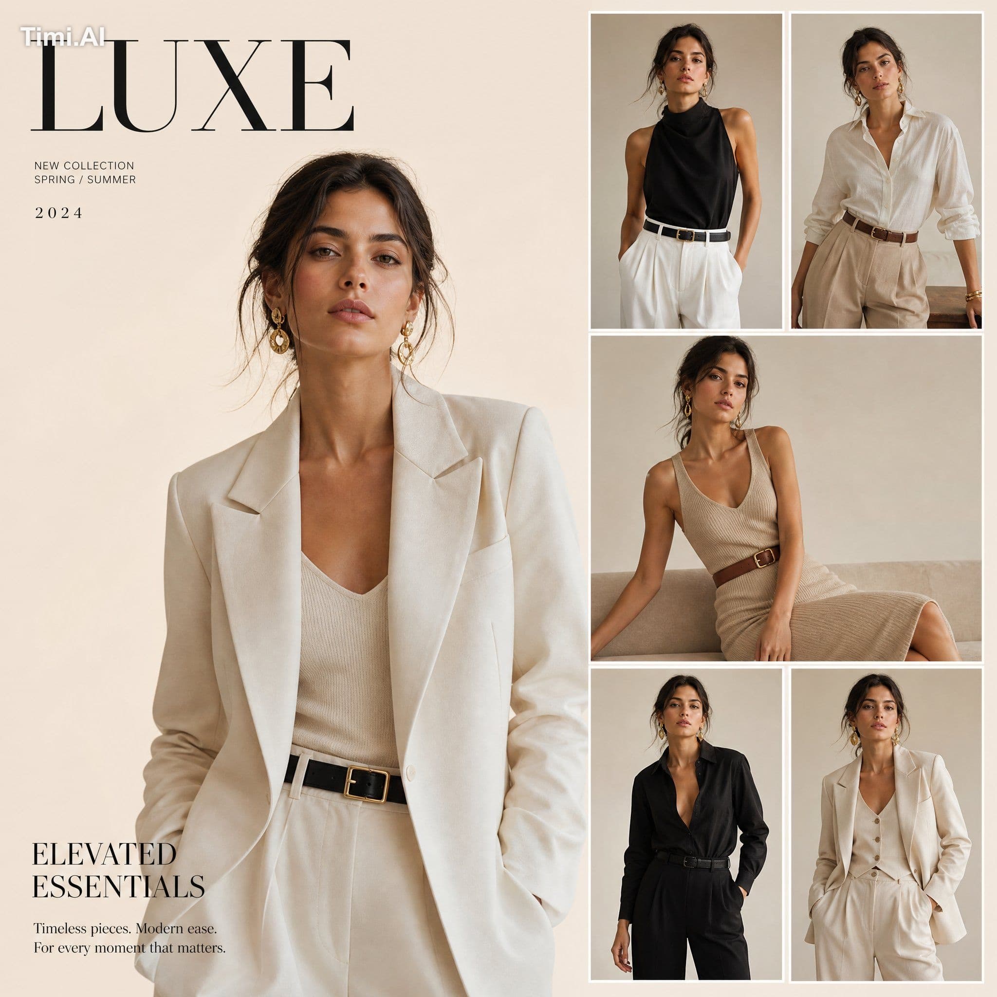 Luxury fashion editorial moodboard, one large hero portrait