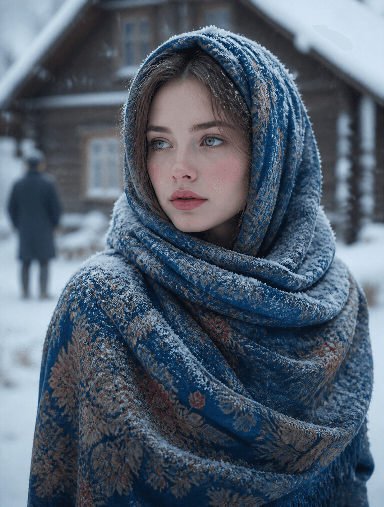 A cinematic portrait of a young woman standing in a snowy vi