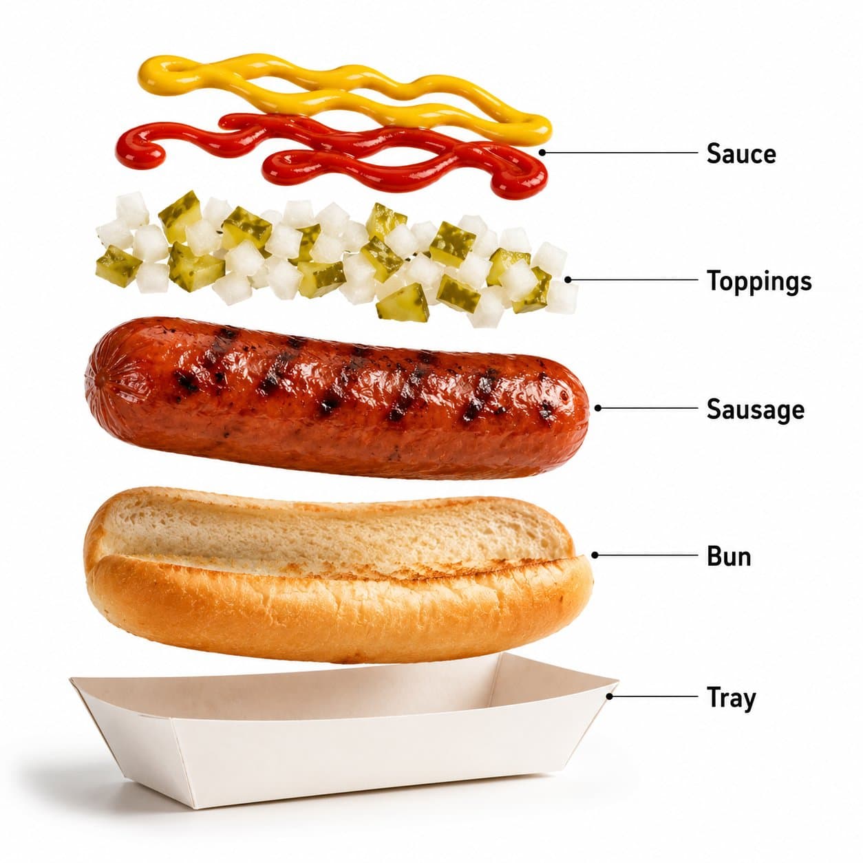 - A premium fast-food product photograph of a loaded hot dog