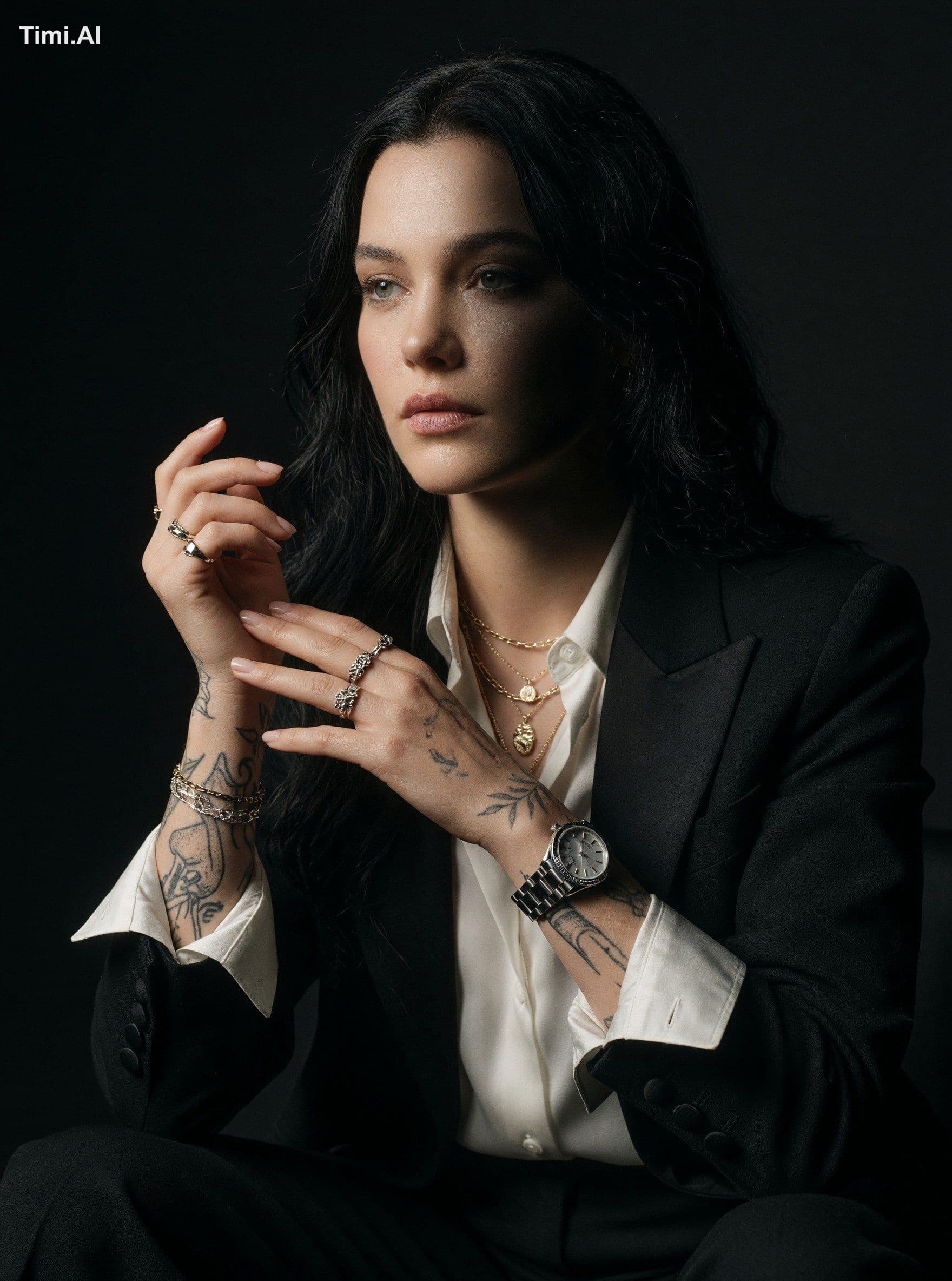 A cinematic fine-art portrait of a woman with long wavy blac