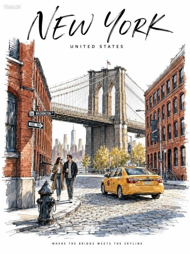 Create a sophisticated illustrated travel poster of **New Yo
