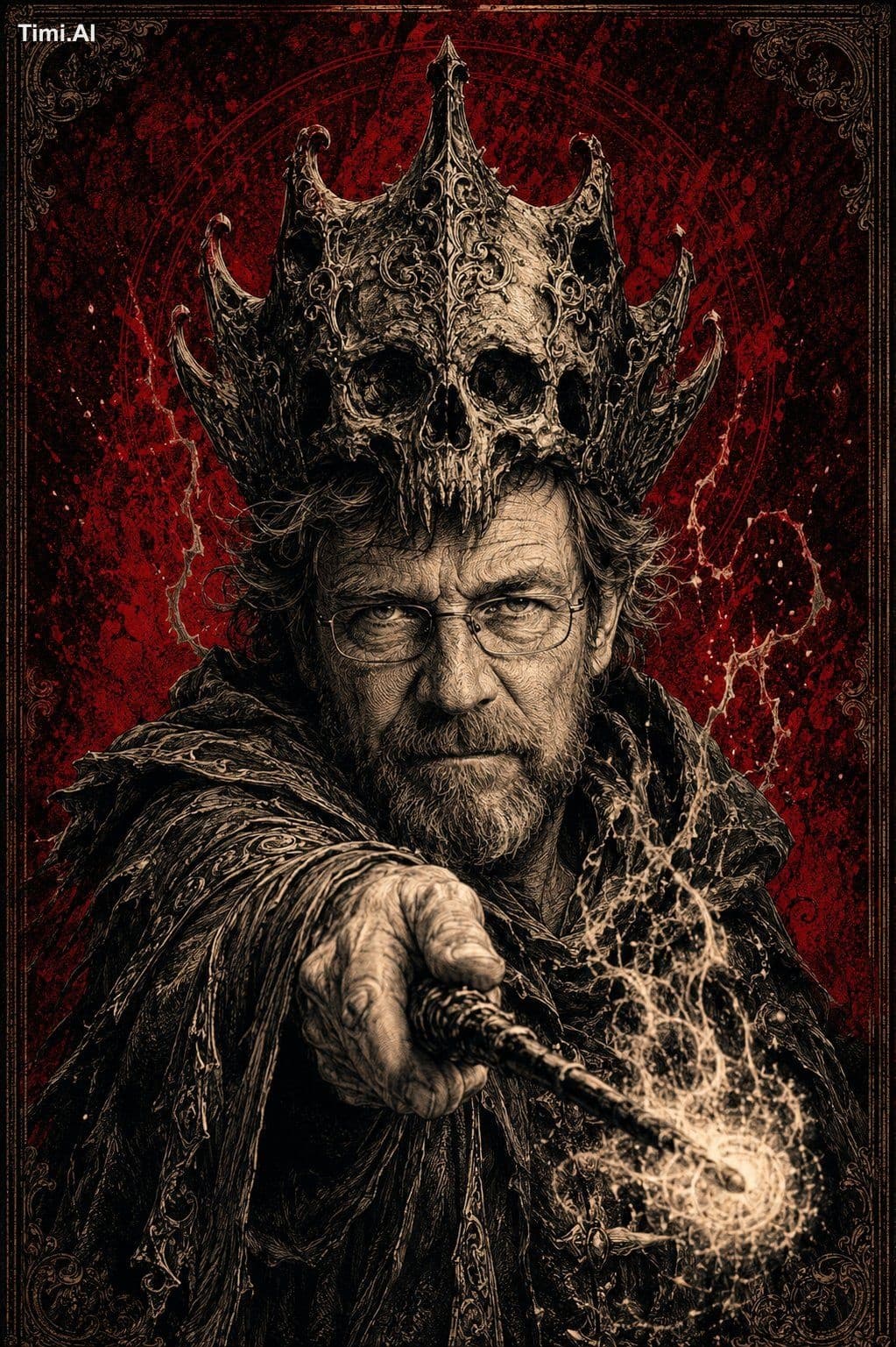 Ancient evil wizard, long white beard, piercing cruel eyes,
