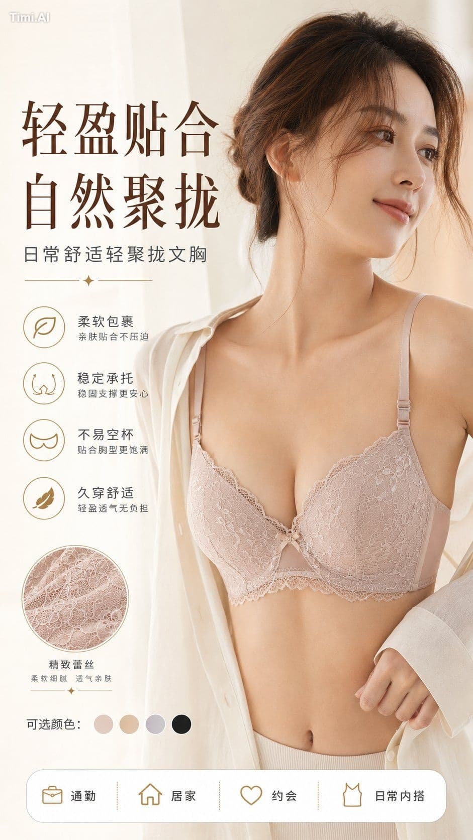 请为一款内衣产品生成一组电商详情页图片,共 4 张。
【最重要的输出规则】
1. 一共生成 4 张图片。
2. 每张图