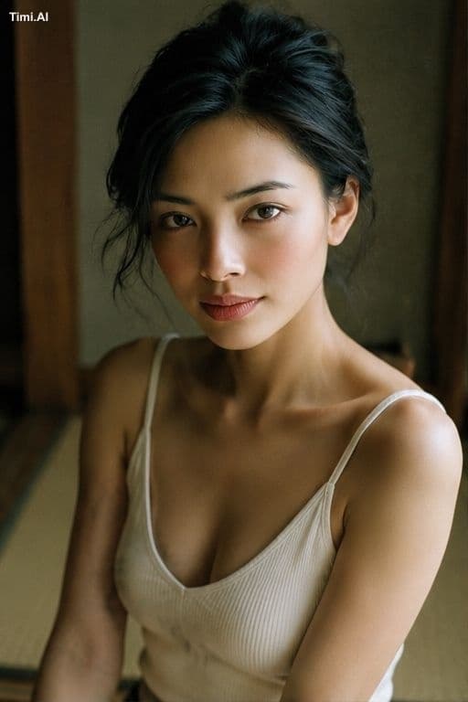 一位年轻成年东亚女性,黑色头发松散盘起,带自然碎发,五官清秀精致,杏仁眼,眉形柔和,鼻梁纤细,嘴唇自然微润,淡妆,肤色白