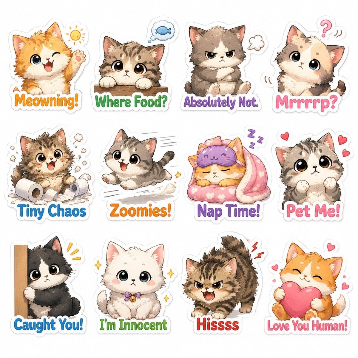 Cute illustrated chibi cat sticker-pack, fluffy kitten desig