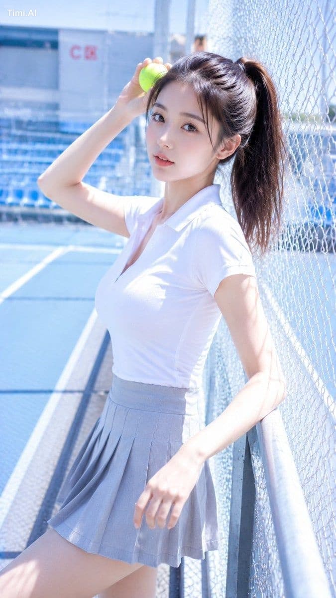 摄影风格:冷白清透CCD生活照风
写真方向:清爽生活照
场景方向:户外网球场外侧 / 白色围网 / 浅蓝看台 / 明