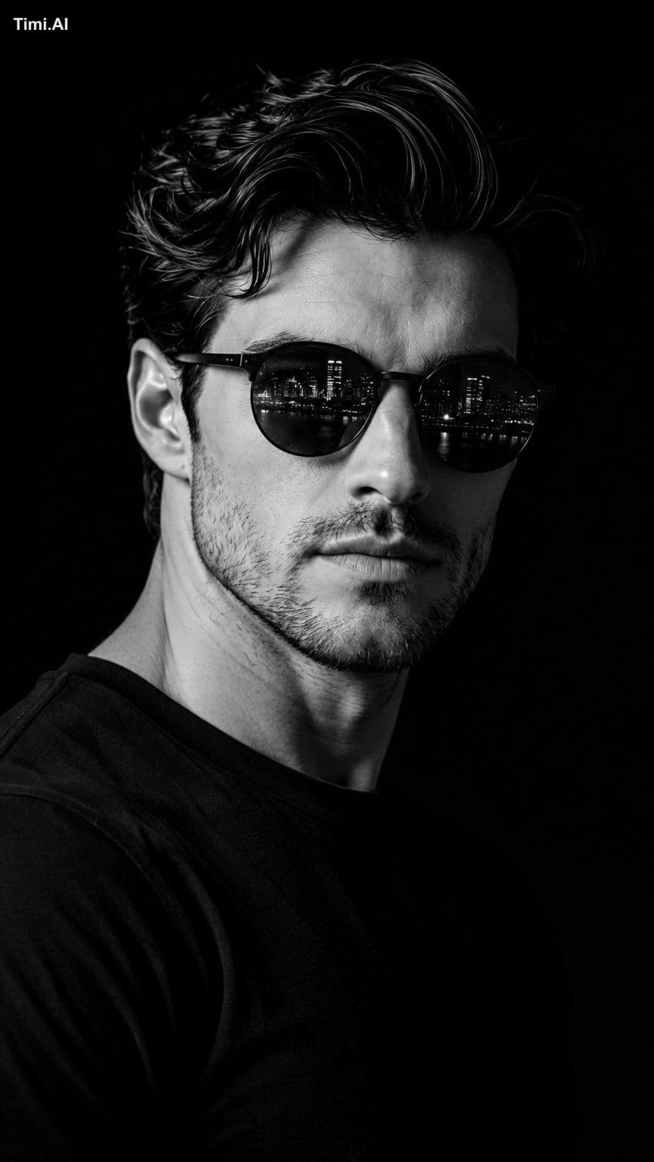 Create a photorealistic cinematic black-and-white studio por