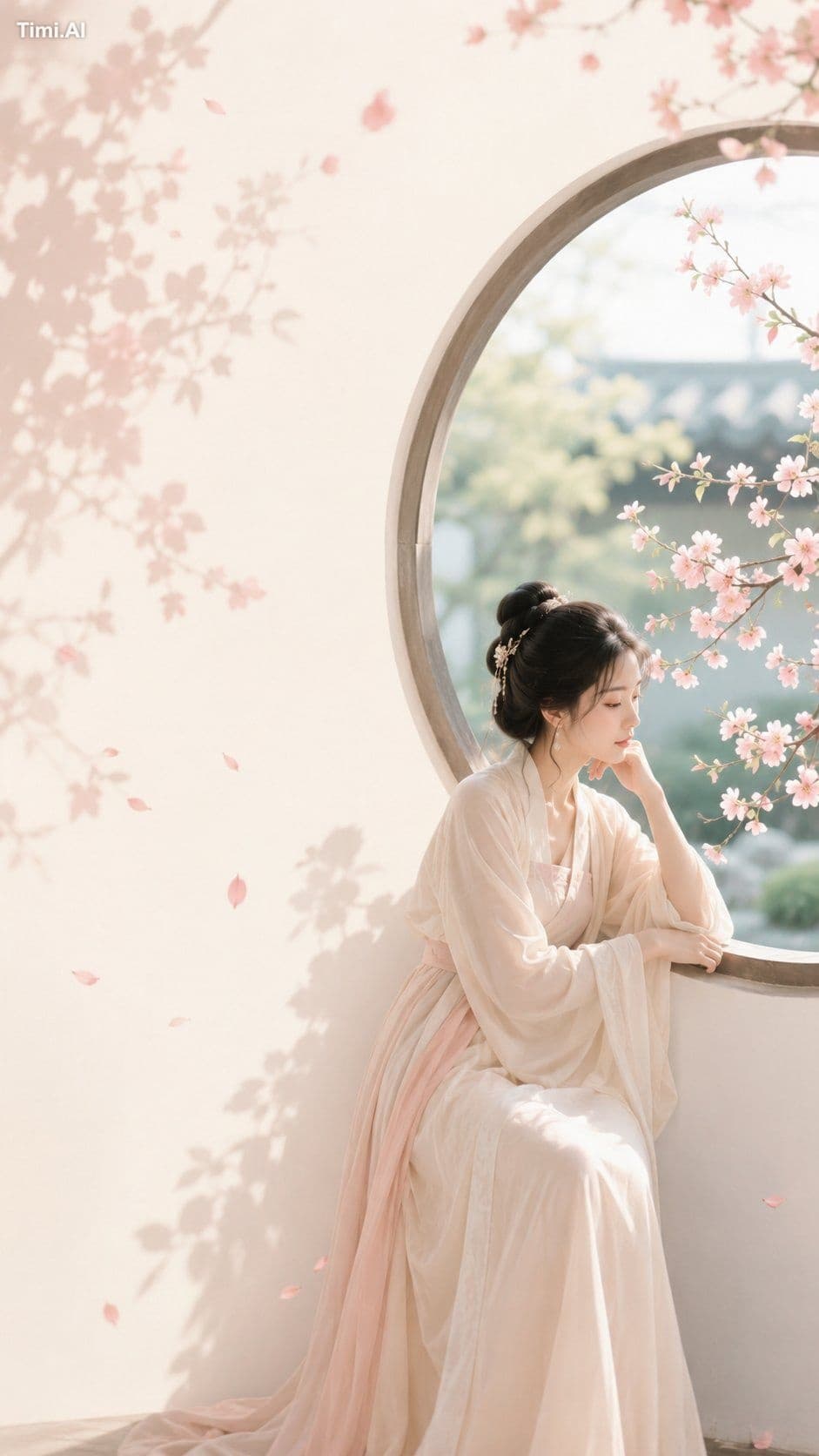 主题方向:东方禅意极简海报
风格分支:女性审美新东方型
主体内容:一位倚在月窗边静静看花的古风女子
情绪母题:温柔、含蓄