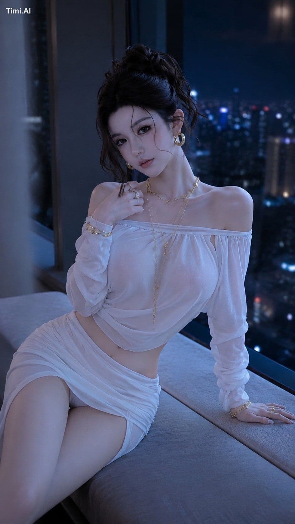 豪华夜晚时尚人像。成年东亚女性,25岁以上,坐于现代高层公寓内浅灰色软垫窗台长椅上,俯瞰发光的城市天际线。略偏左——右侧