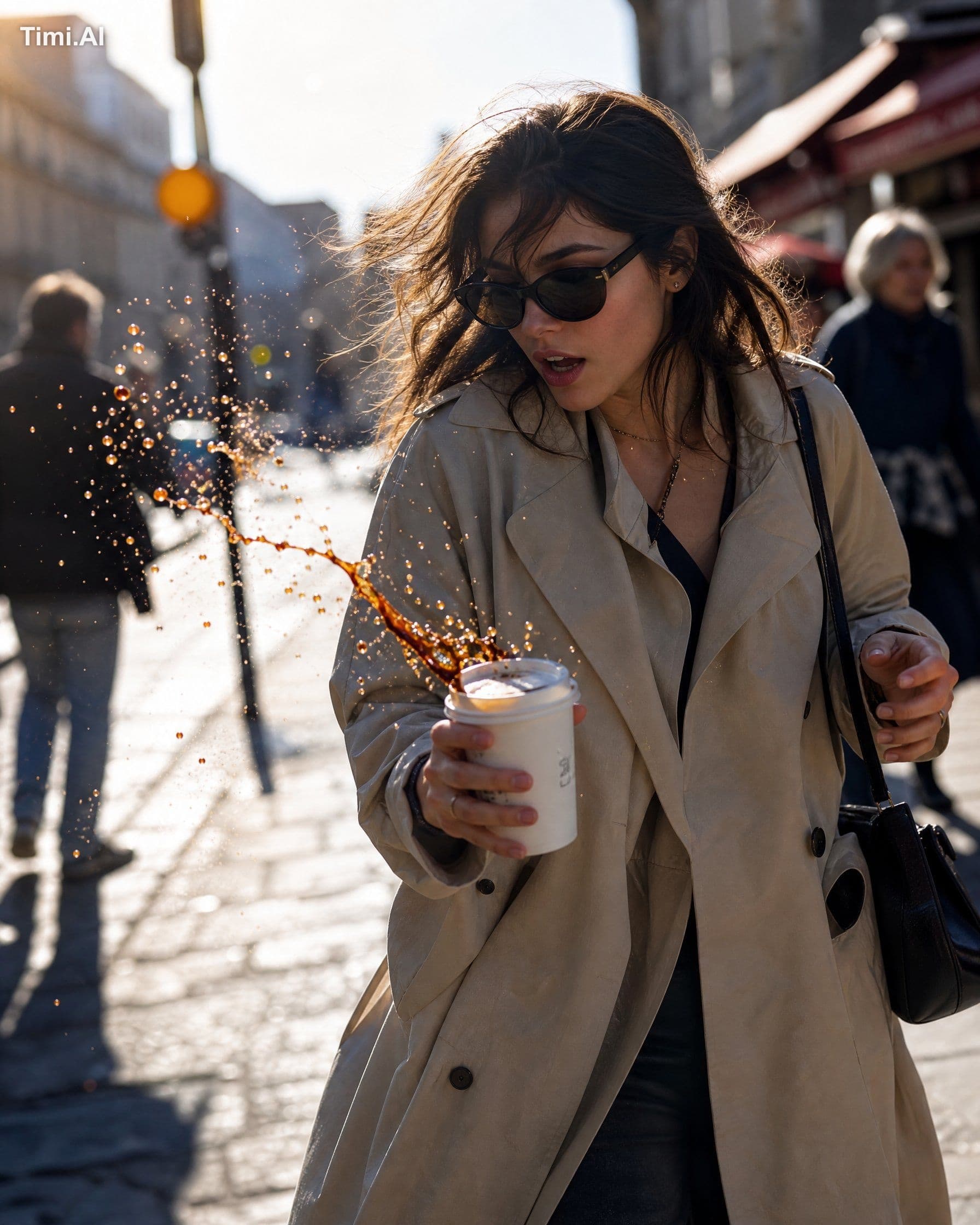 A tiny accidental splash from her takeaway coffee as she wal