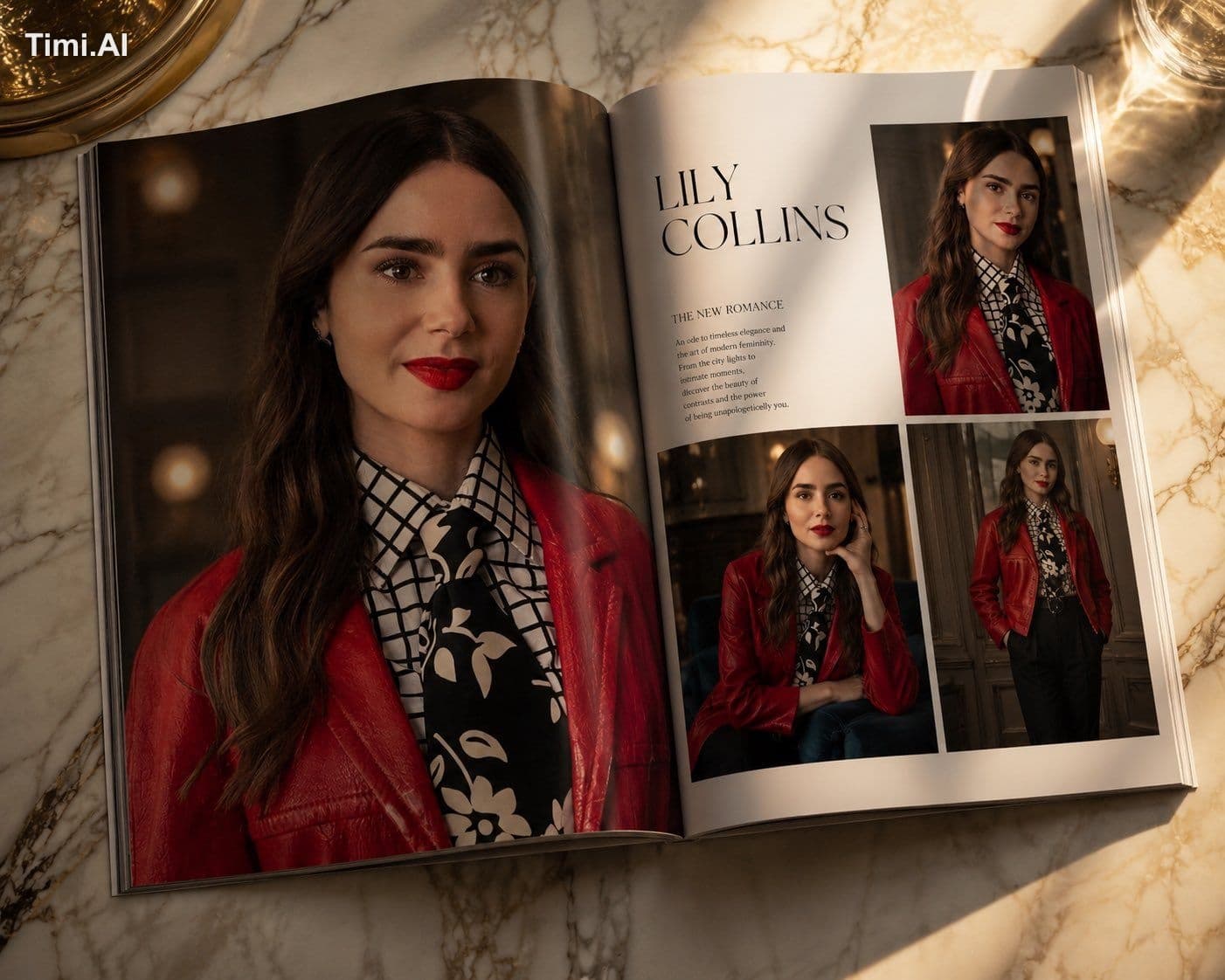 An open luxury fashion magazine rests on a premium marble ta