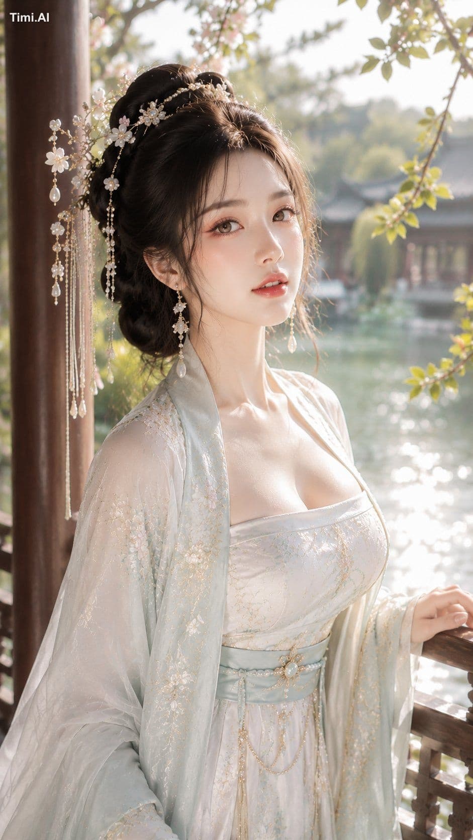 9:16 竖版,古风贵女清润水光写真,东方古典贵女人像,湖畔水榭场景,大半身近景,人物轻微侧身站在木质栏杆旁,一只手自然
