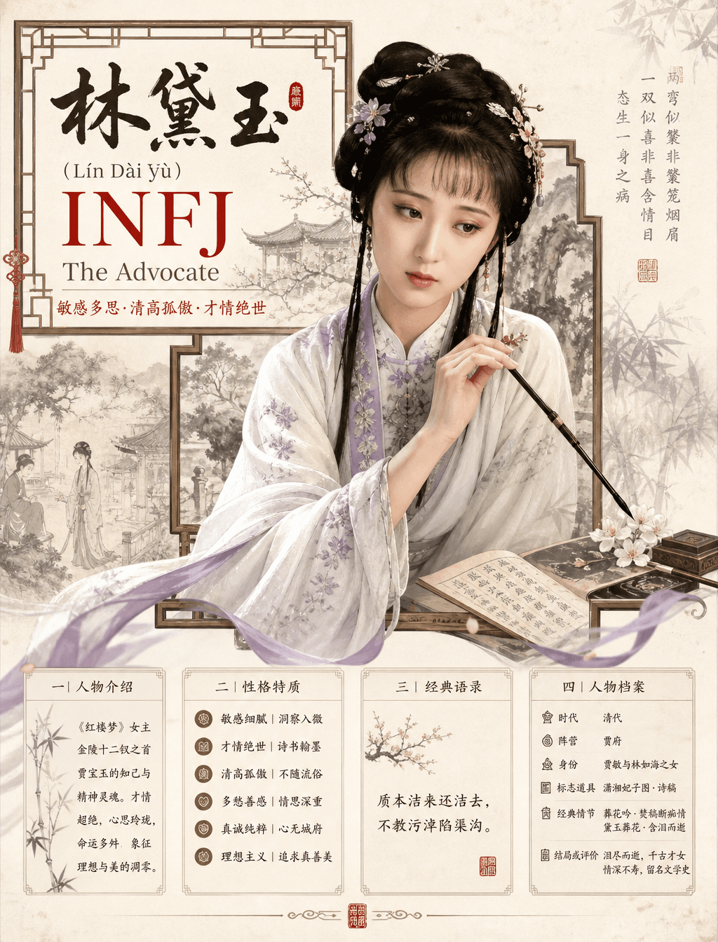 请生成一张【中国古典人物 MBTI 高端国风信息海报】。
【人物】
人物名称:{人物名}
【前置分析要求】
请先基于该