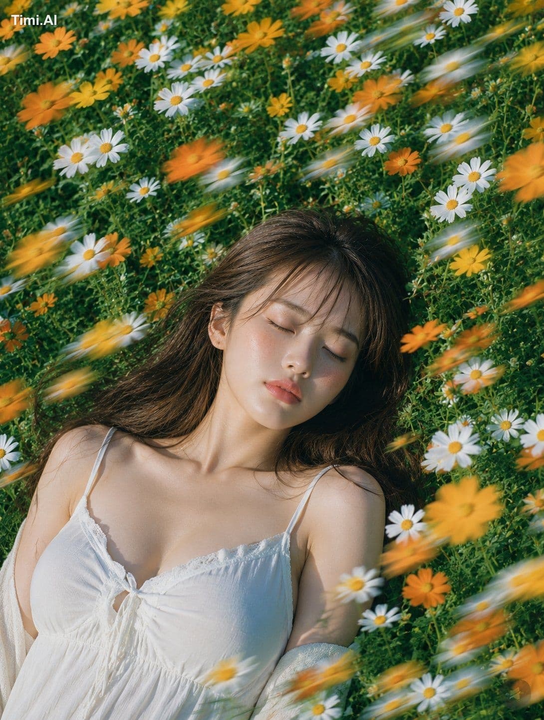 縦長4:5の写真風ポートレート。白と黄色のマーガレット、オレンジ色の小花が密に咲く夏の草花畑に、成熟した大人の女性が仰向