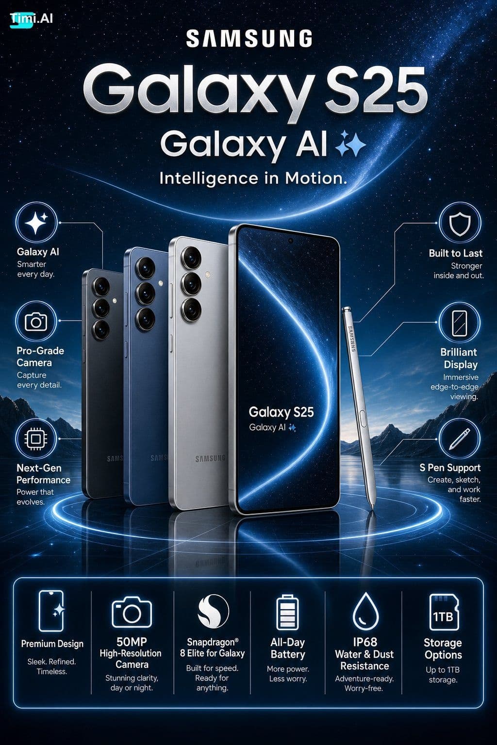 Create a premium futuristic infographic poster for Samsung G