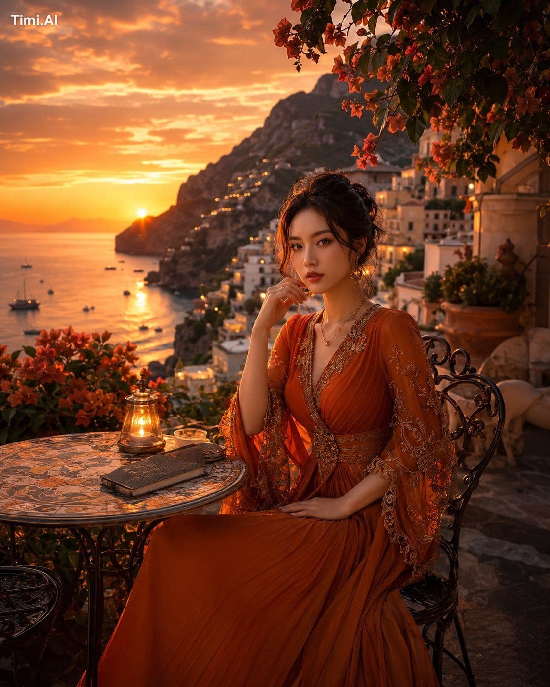 The dress, terrace, and sunset all work together to create t