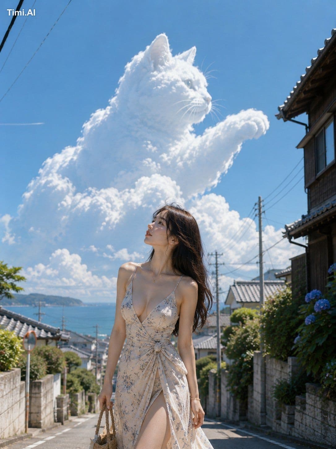 坂の向こうで、夏空の猫がそっと前足を伸ばしていた。
見上げたまま、少しだけ歩くのを忘れる。🐈☁️🌊✨
#AIart
