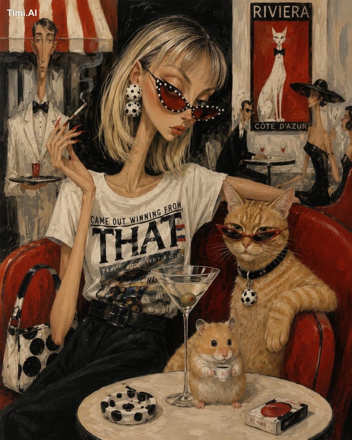 A chic fashionista and her stylish orange tabby cat sitting