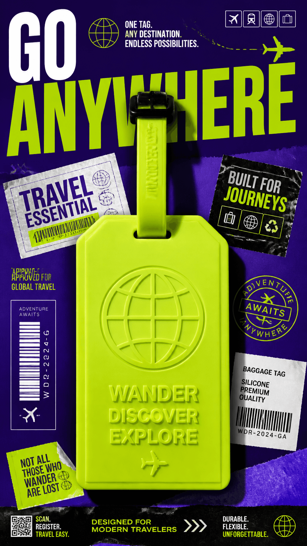 A premium 9:16 travel accessories advertising poster.Central