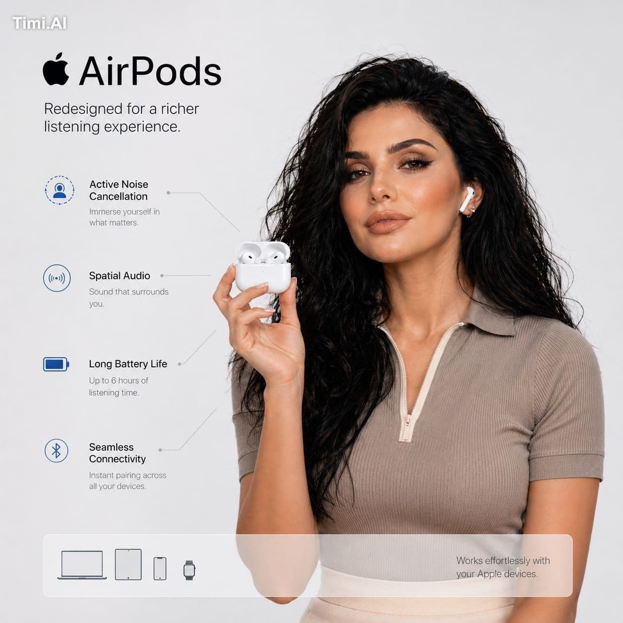 High-end e-commerce infographic featuring Apple AirPods (lat