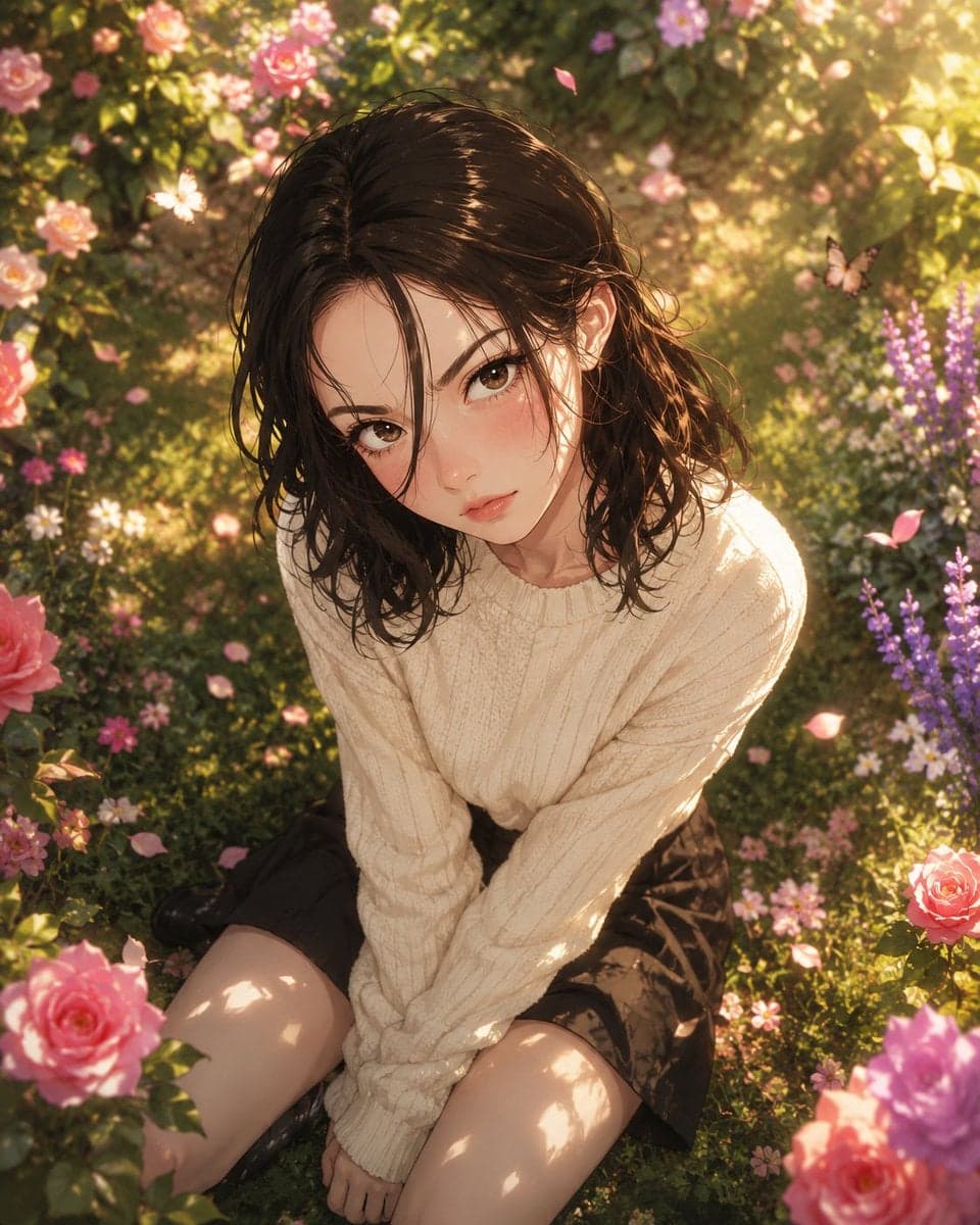 A breathtakingly beautiful young anime woman sitting gracefu