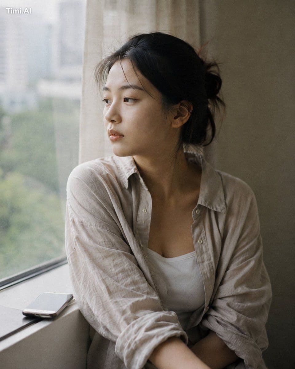 Medium close-up portrait, 85mm, a young East Asian woman in