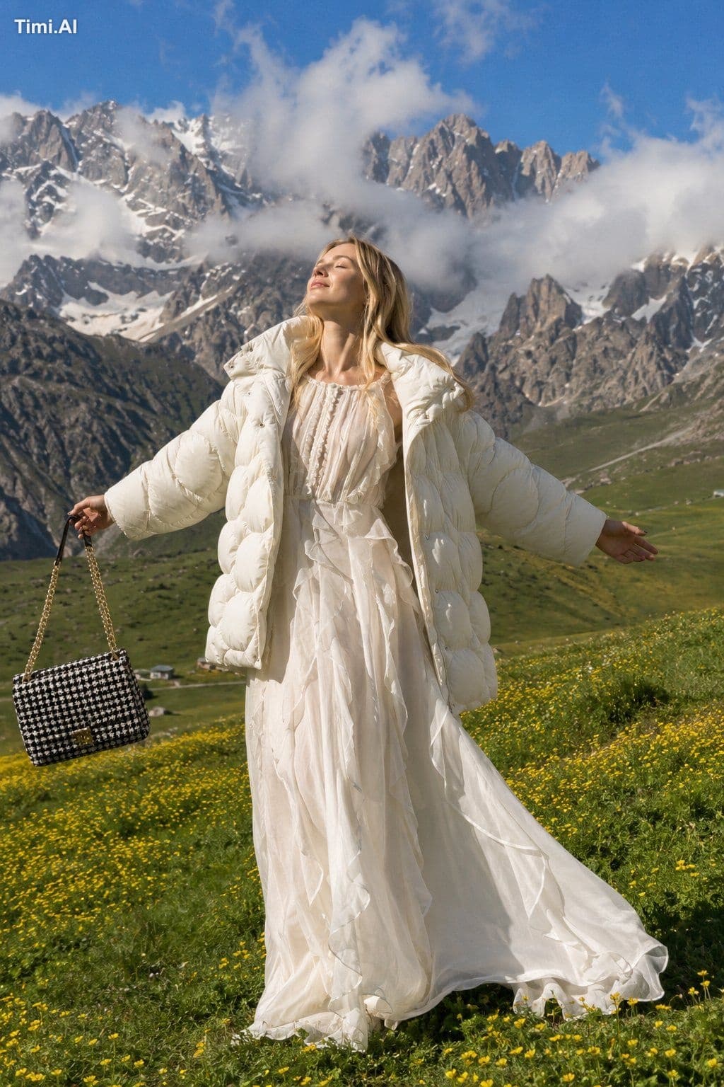 High-fashion editorial photography of a blonde woman standin