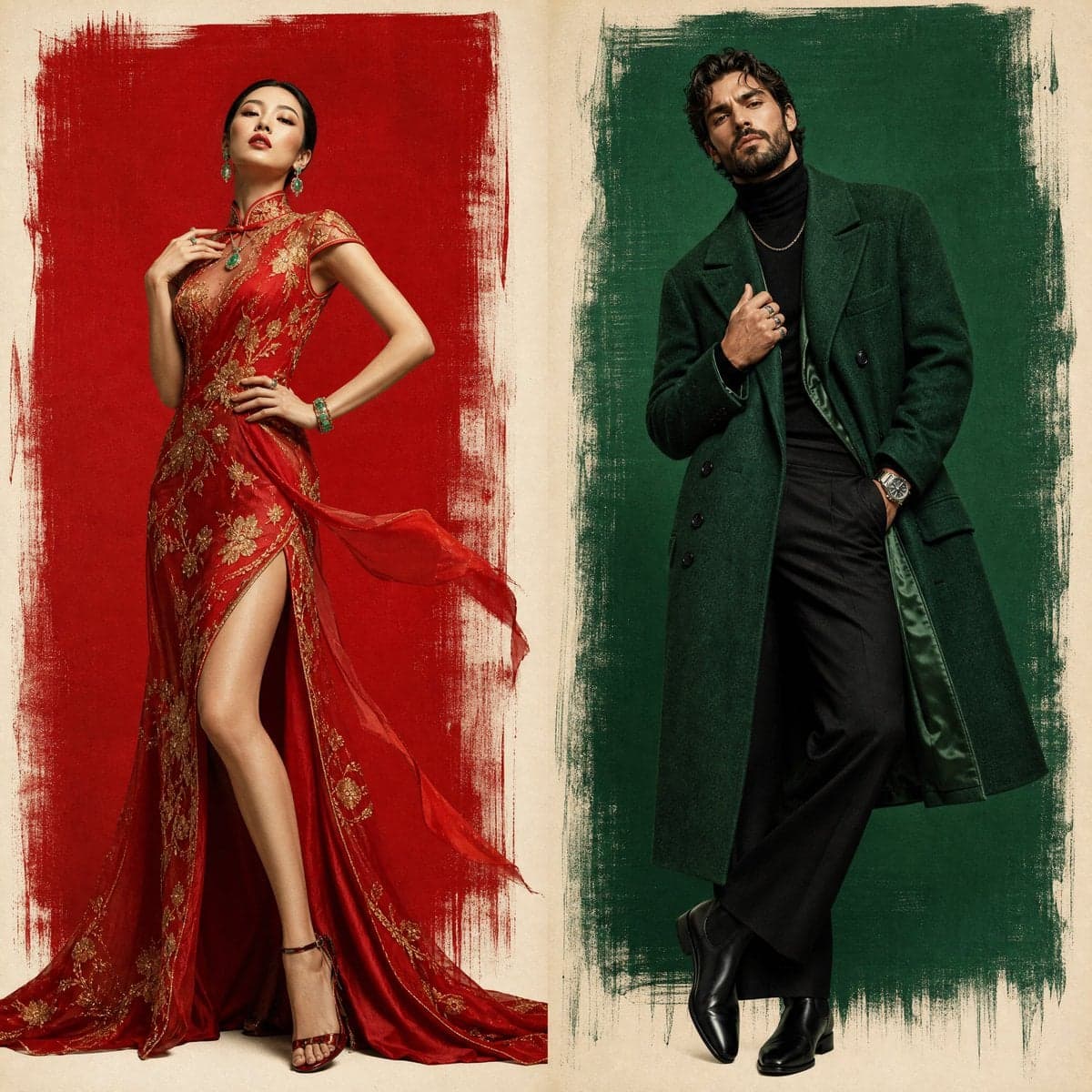 Two-panel luxury fashion poster.
Left side: a rough brush-