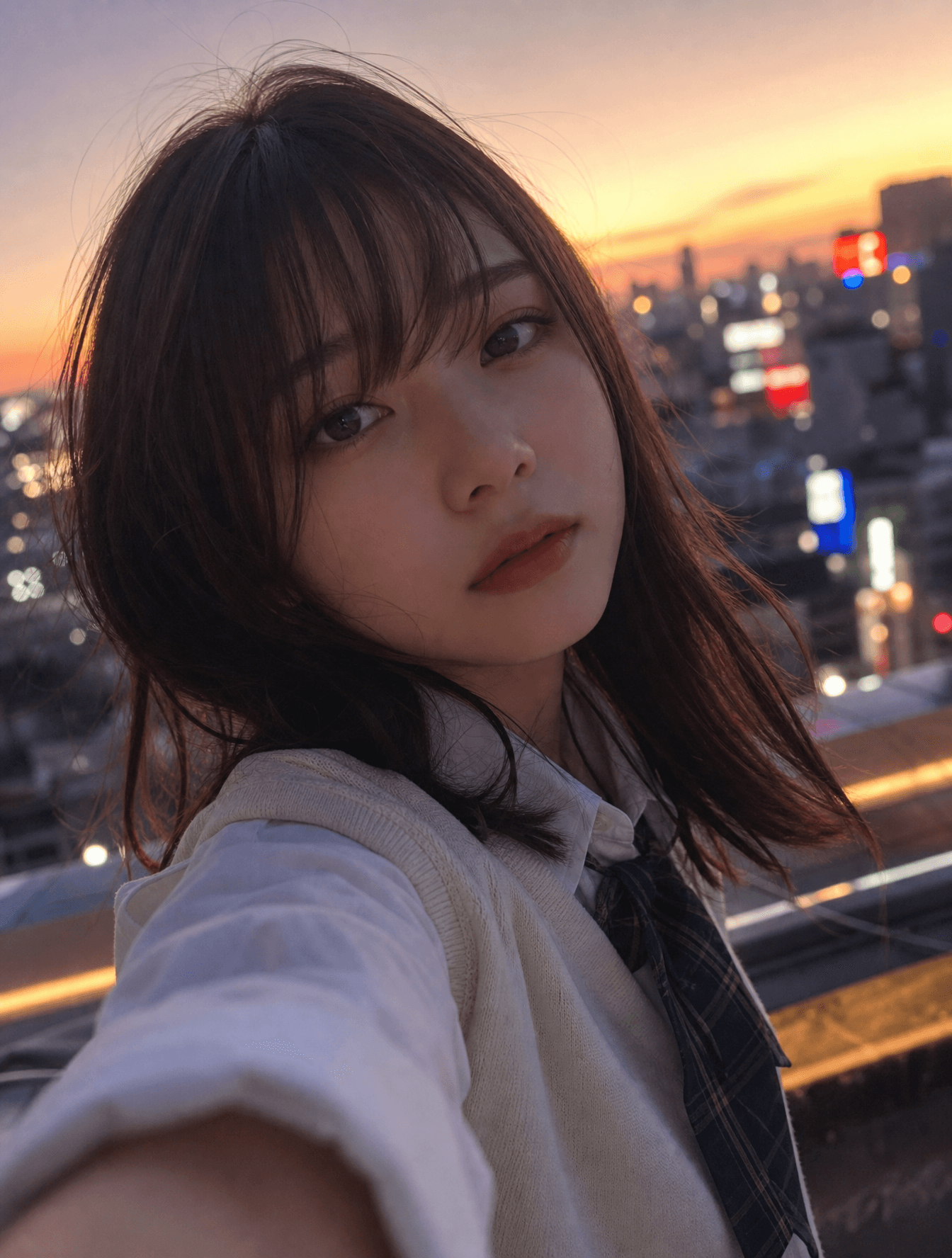 エモーショナルな雰囲気で、夕暮れ時の柔らかな光に包まれた日本人女子大生の自撮り写真。彼女の表情は少し憂いを帯びており、背