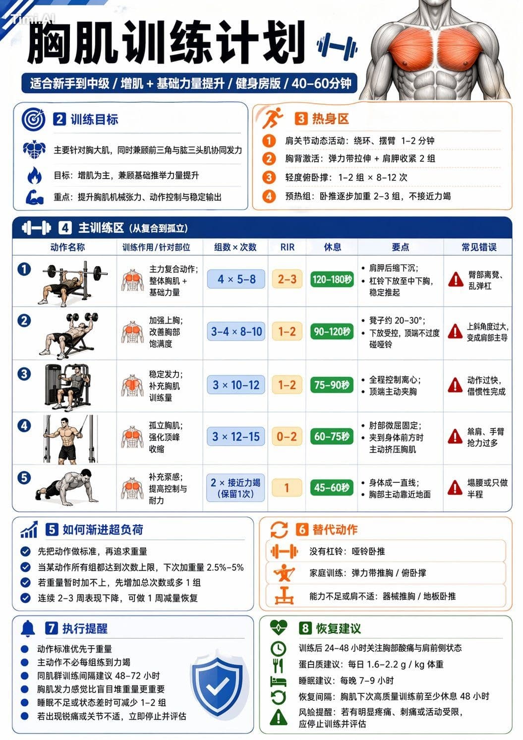 请生成一张中文健身信息图,主题为:【xxx】。
要求这张图既专业又实用,适合普通成年人作为训练参考。默认对象为无严重