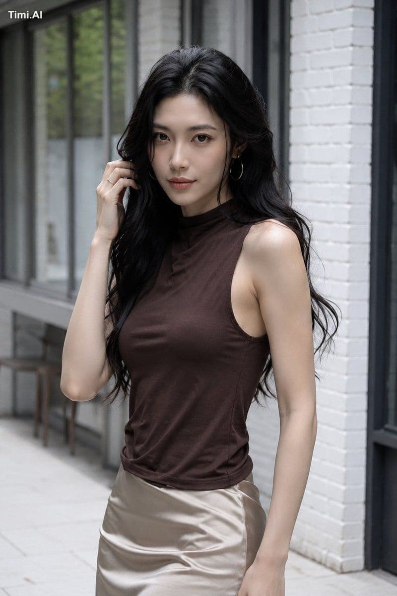 超写时尚写真人像。成年东亚女性,21岁以上,站立于现代精致户外走廊,靠近白漆砖墙与高挑黑框窗户。略偏右,腰部至大腿中部取