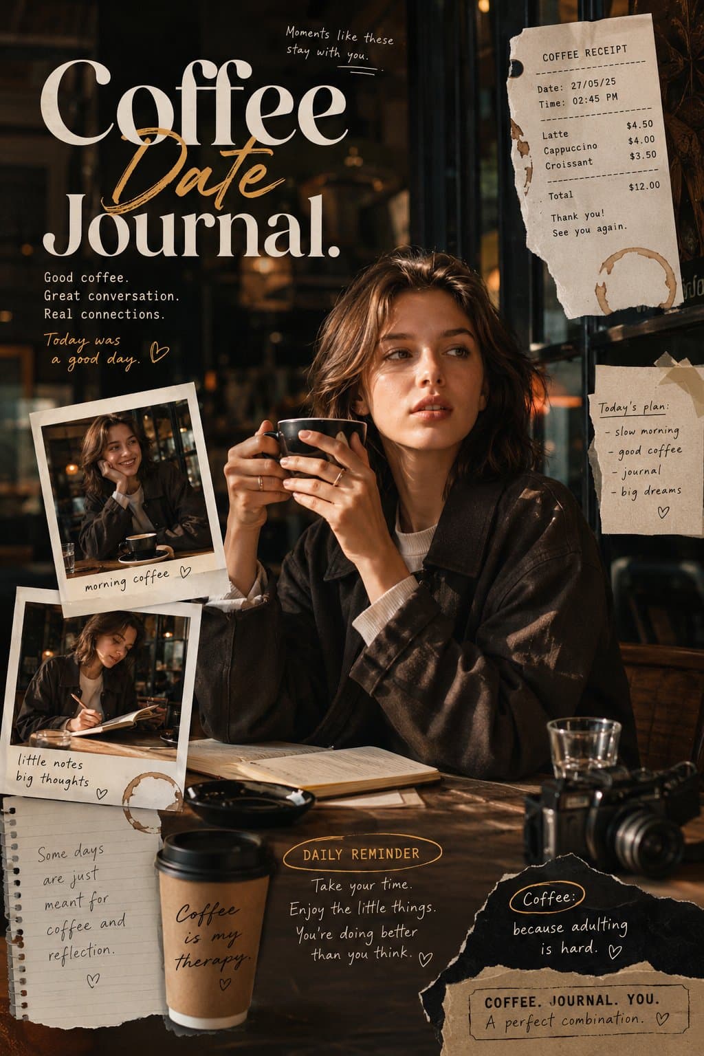 Coffee Date Journal-inspired editorial poster with a warm, i