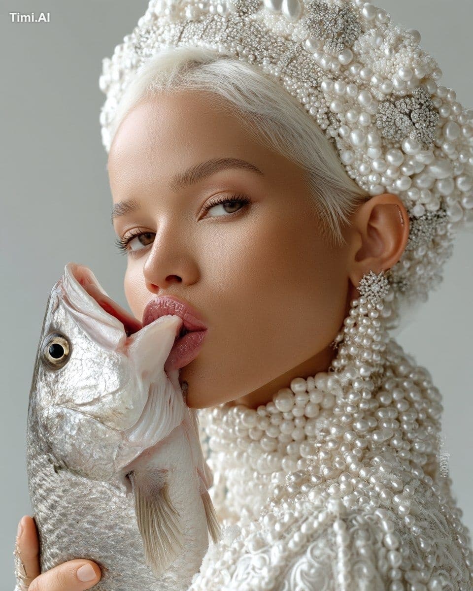 A beautiful model with short white hair, wearing a pearl dre