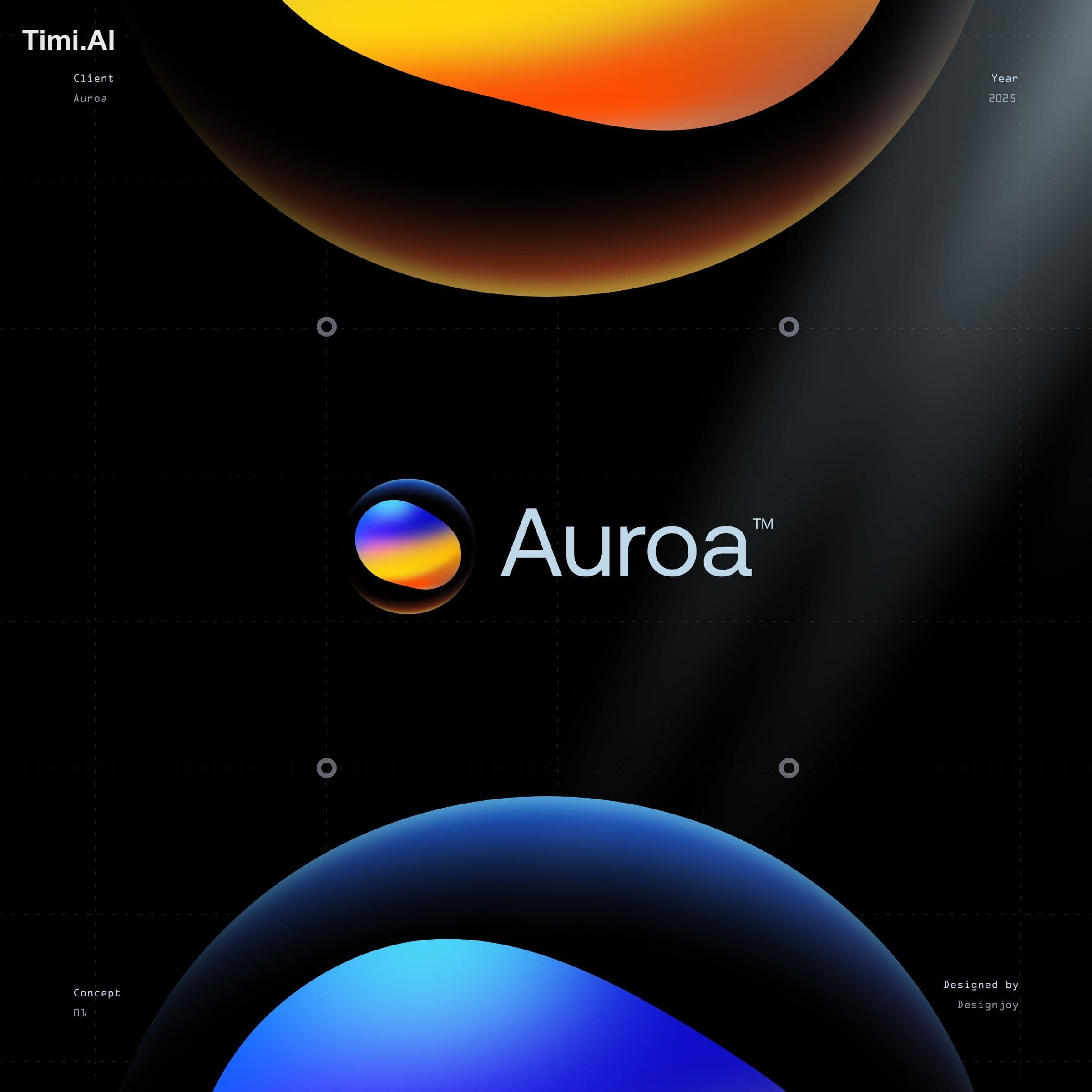 A single sphere of blue, purple and orange light on a black