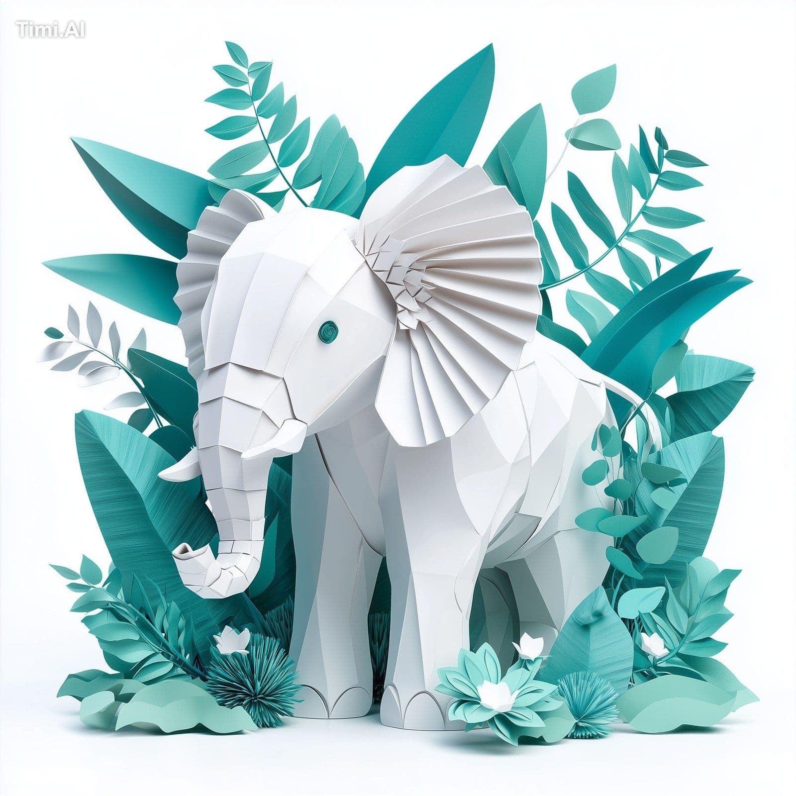3d white elephant in the style of origami, flat design, whit
