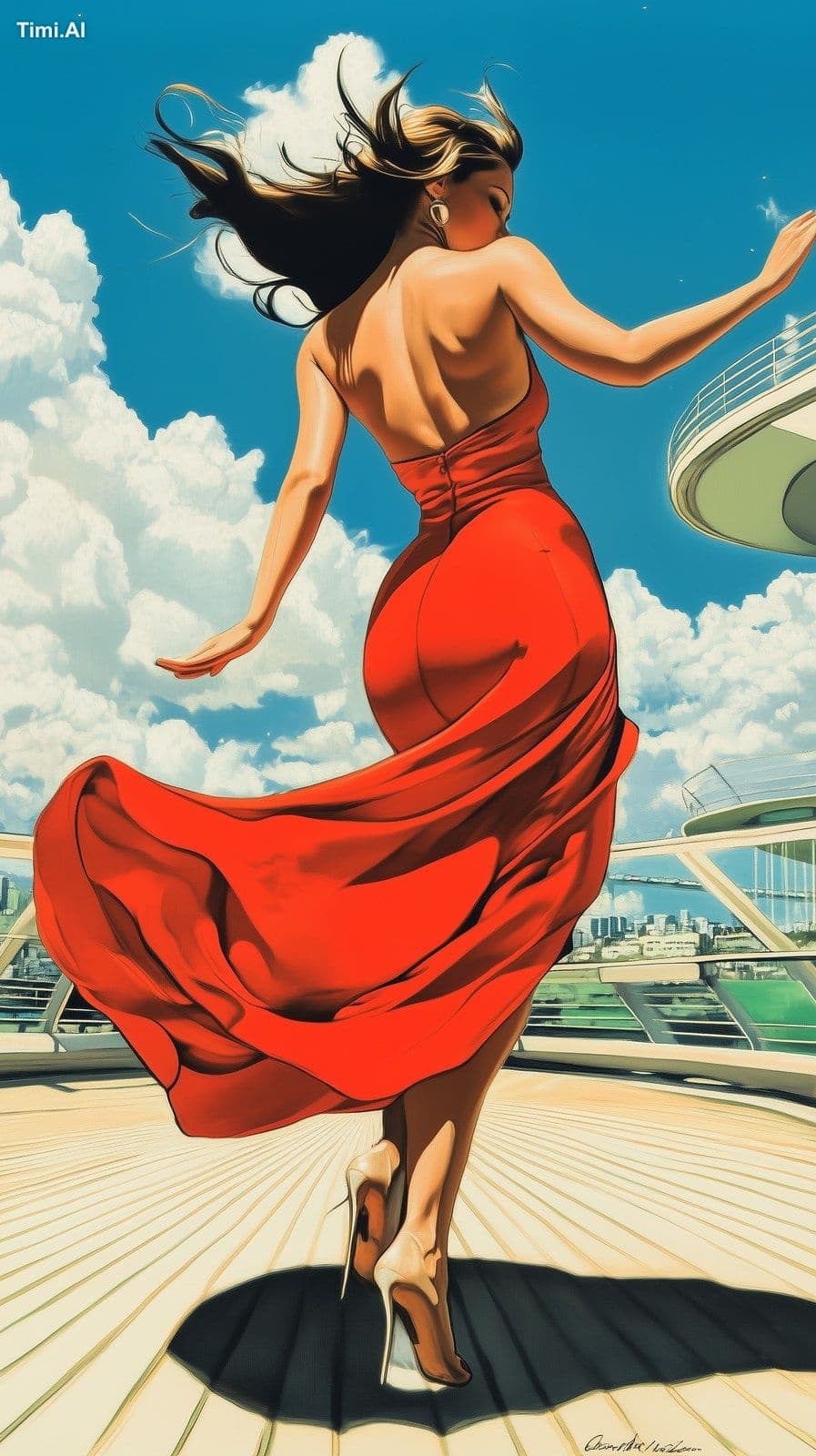 Woman, dancing outdoors with red long dress , in the style o