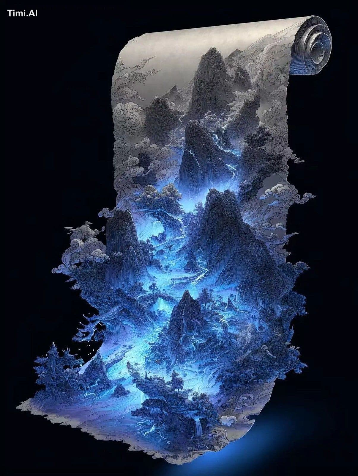 A scroll unrolling from the top left corner to form an illus