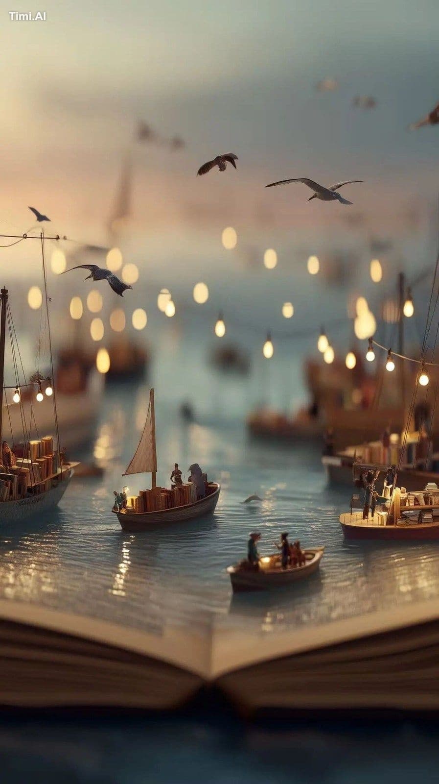 An open book turned into a floating seaside book market, wit