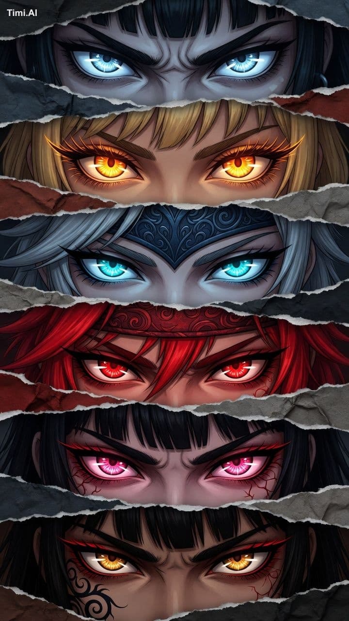 Vertical phone wallpaper collage of 6 stacked fierce anime g