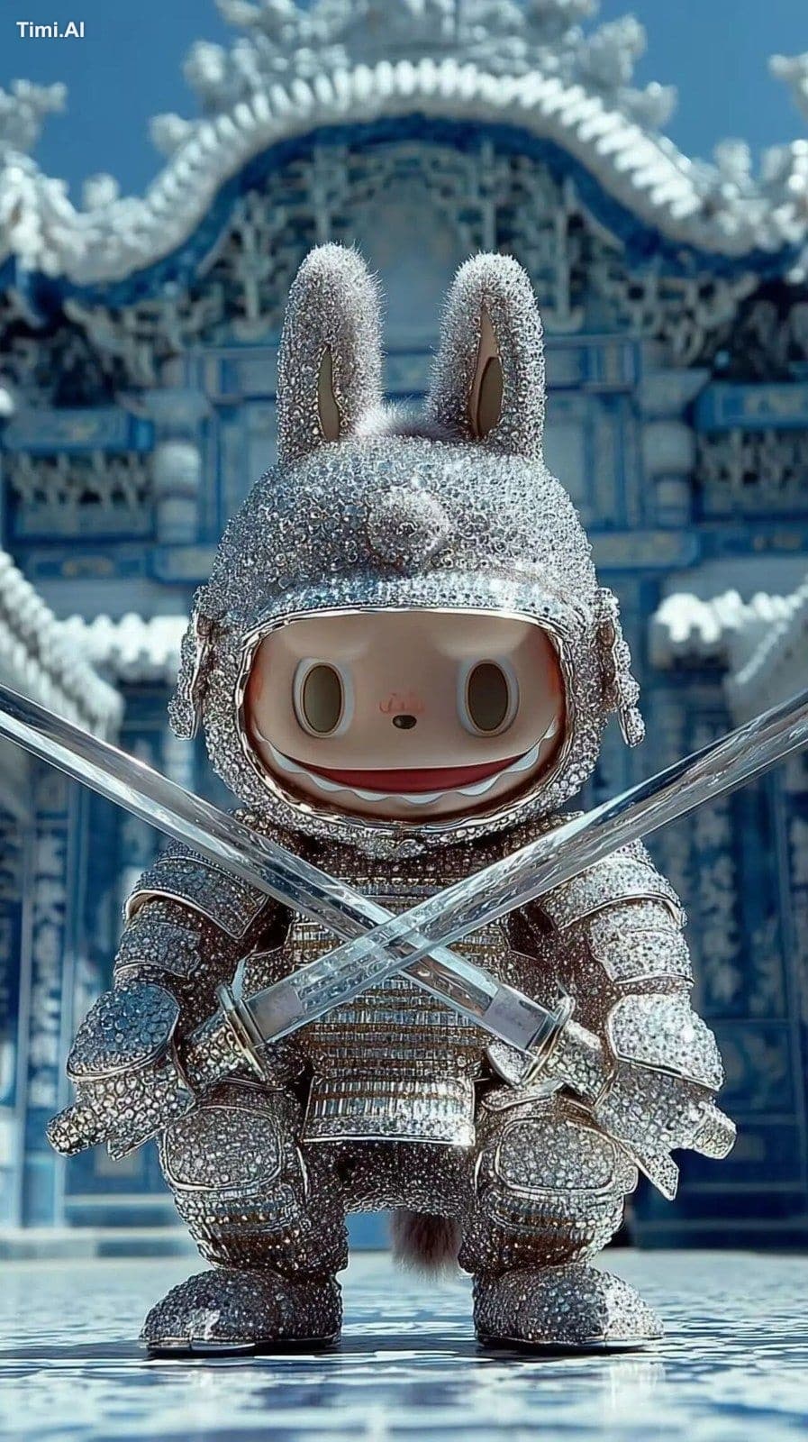 A stylized toy character inspired by Labubu, wearing luxurio