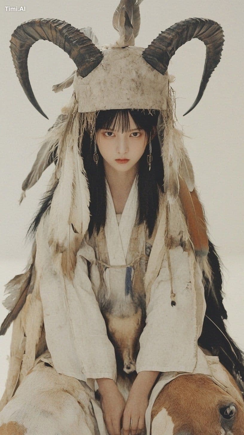 A beautiful Chinese model, wearing a feathered hat, horns on