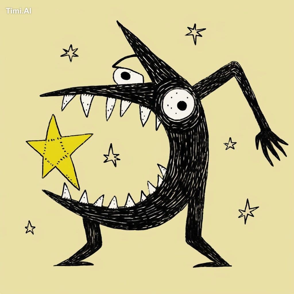 badly drawn,ugly crass drawing of a creature like star and m