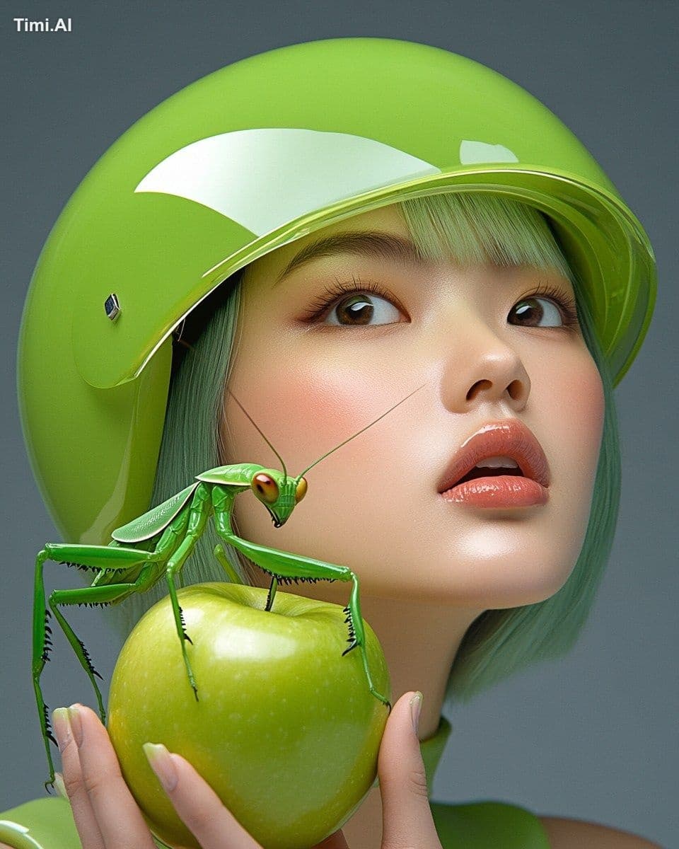 Beautiful Asian woman with green hair and bangs, wearing a l