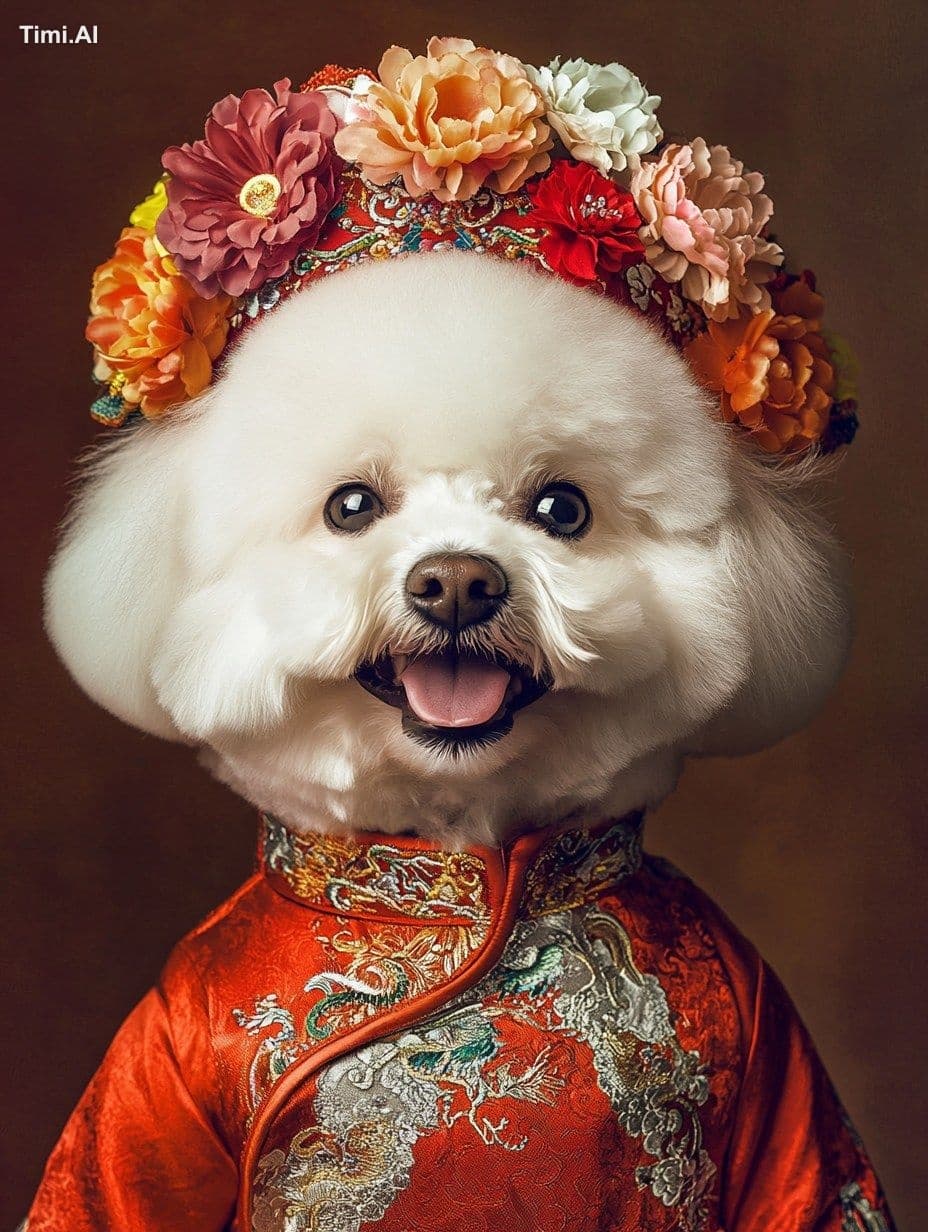 A white Bichon Frise dog wearing an ancient Chinese-style re
